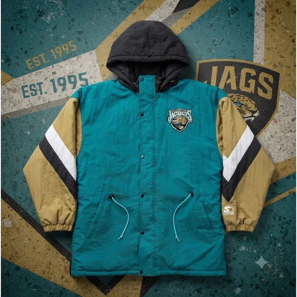 Vintage 90s Starter Jaguars NFL Parka Jacket XL Teal Puffer Banned Logo Hooded
